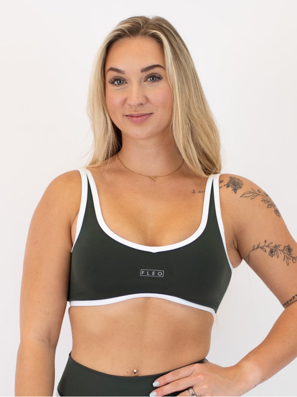 Fleo Olive Green and White Scoop Sports Bra